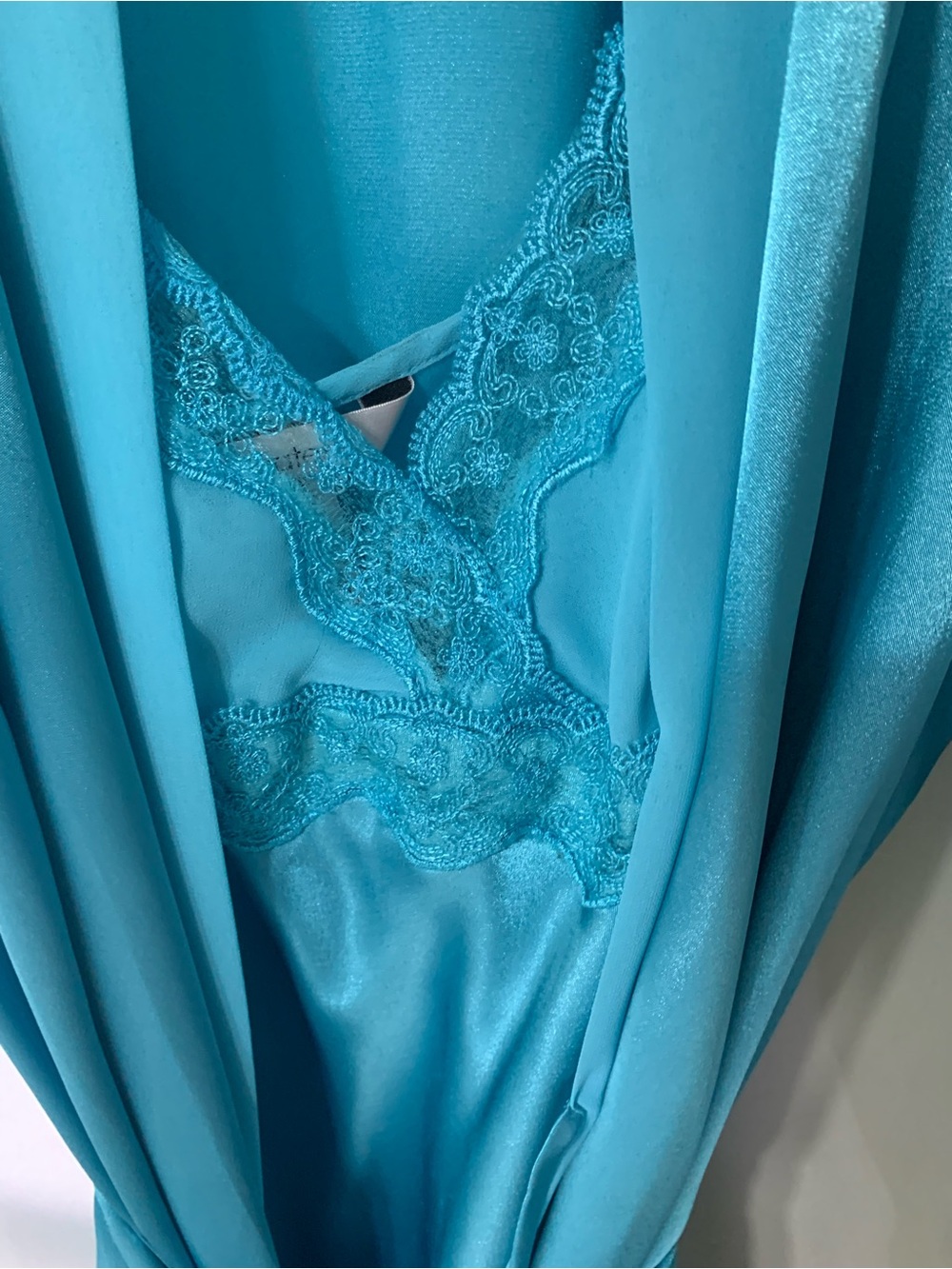 Delicates Aqua Blue Satin Robe and Lace Slip Set
( 2 Piece Set)